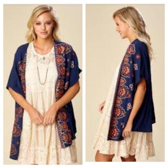 Altar'd State Navy Blue Embroidered Kimono Cardigan - Picture 2 of 12
